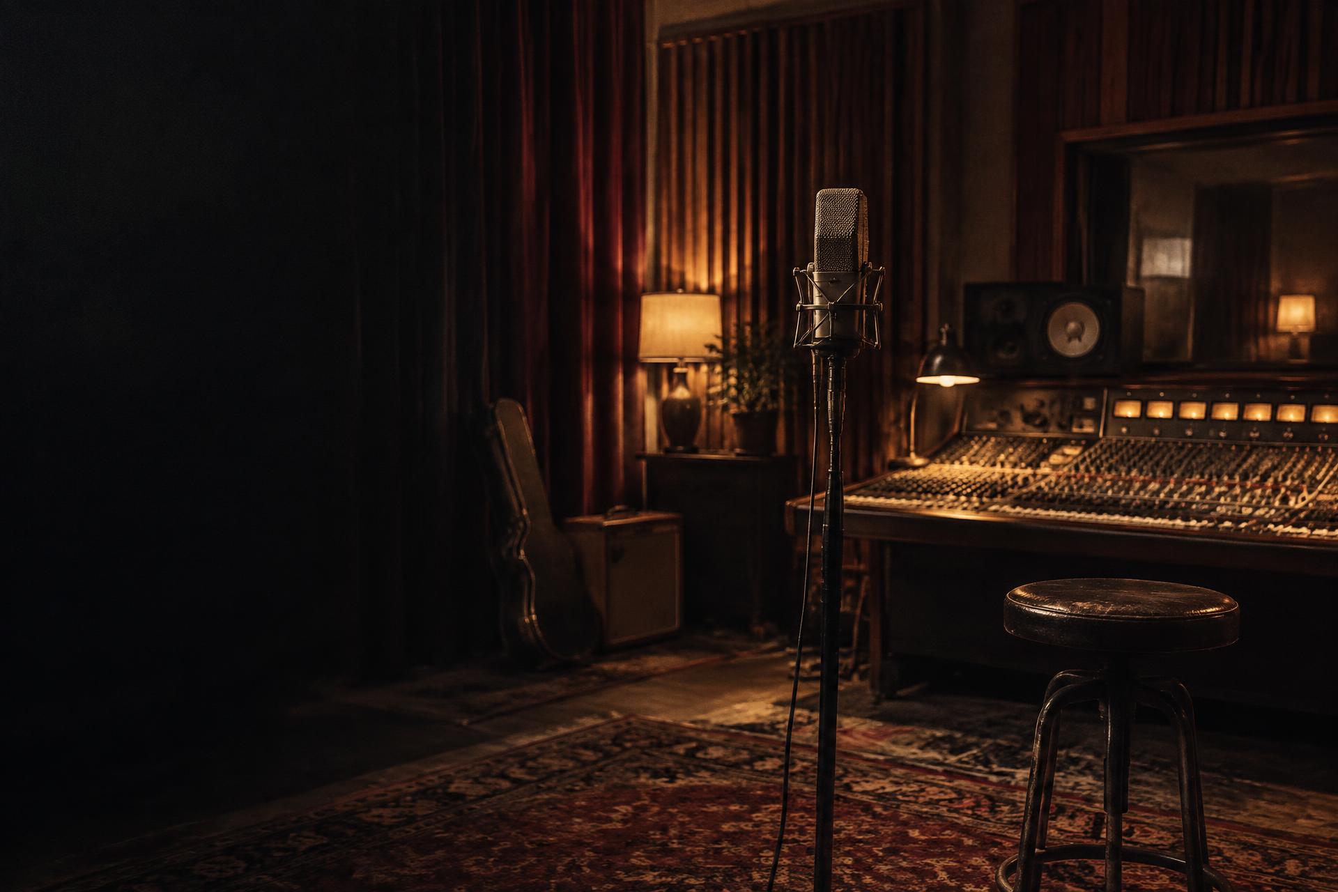 A warmly lit recording studio with a vintage microphone and mixing console